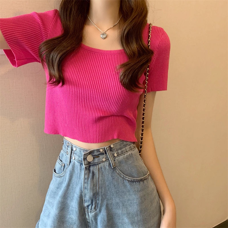 Áo thun Croptop Dệt Kim Tay Ngắn Cổ Vuông Phong Cách Hàn Quốc Thời Trang Cho Áo phông Nữ NZ-TX-251