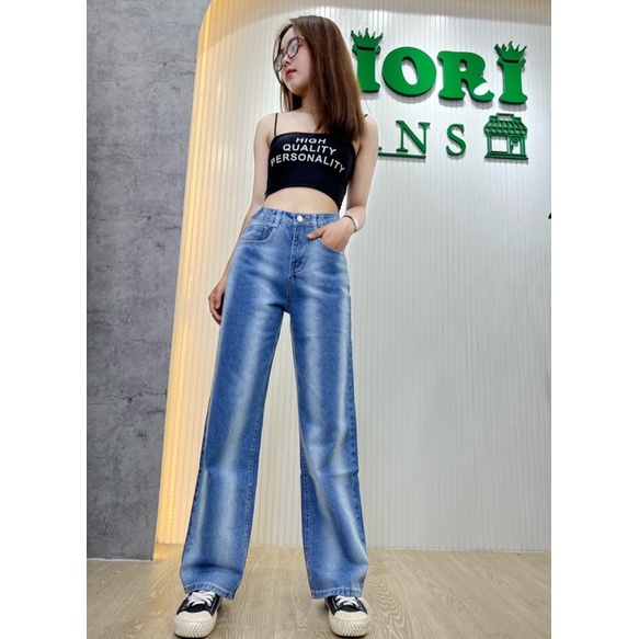 Quần Jeans Nữ AIORI Jeans Ống Rộng Lưng Cao Ulzzang Chất Bò Cao Cấp Dài 104cm