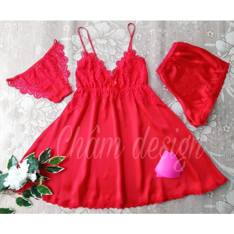 váy ngủ lụa đỏ tươi phần ngực ren mi đẹp