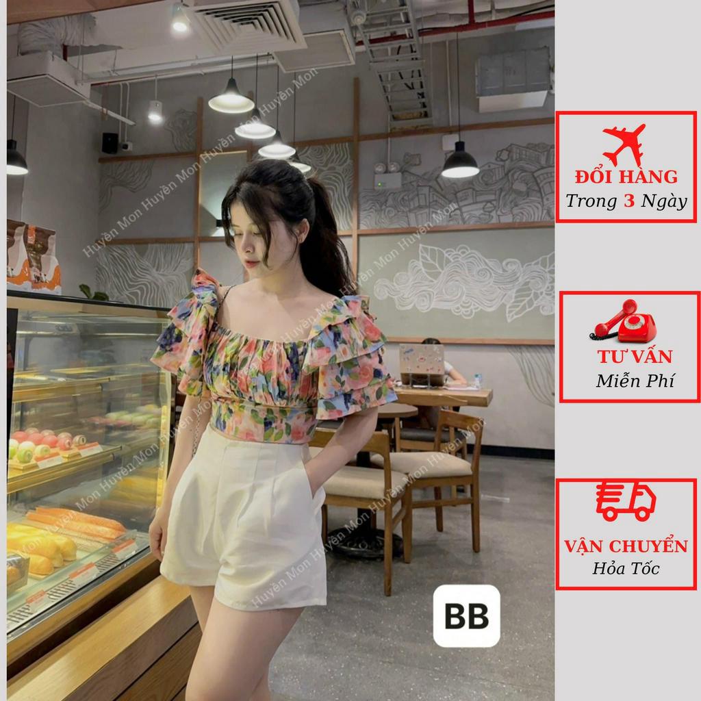 Áo trễ vai hoa nhí nữ croptop tay bồng viền bèo tầng dáng ngắn đi biển ulzzang Hàn Quốc