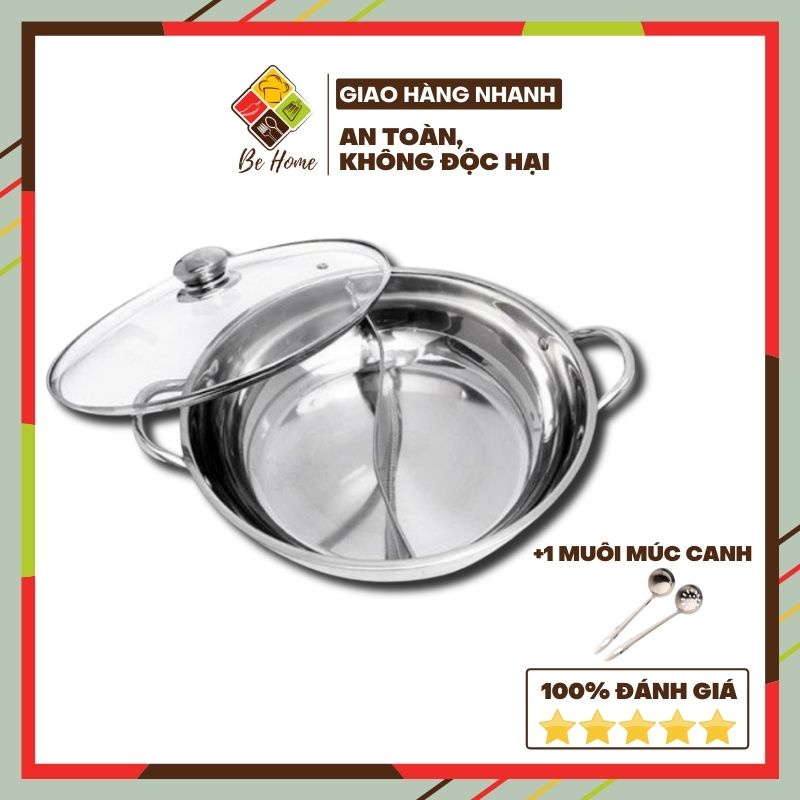 Nồi lẩu 2 ngăn inox BEHOME Nồi nấu lẩu  - Nấu được Bếp Từ Làm Nóng Nhanh [TẶNG BỘ MUÔI LẨU CAO CẤP]