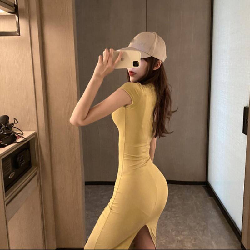 Ins Đầm Ôm Dáng Tay Ngắn Xẻ Tà Bằng Cotton Tinh Khiết Co Giãn Sang Trọng @the @