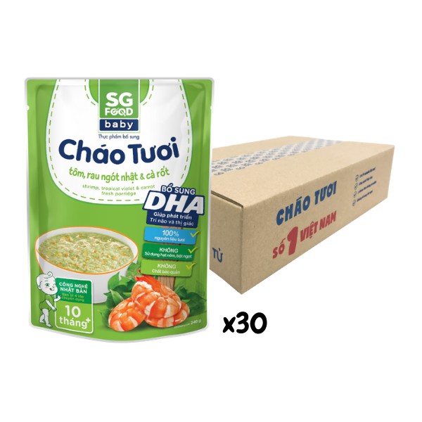 Thùng 30 Gói Cháo Tươi Baby Sài Gòn Food Tôm Rau Ngót Nhật Cà Rốt 240g