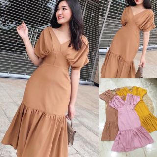 Đầm xòe cổ V tay cánh dơi xếp ly kiểu cột nơ lưng lai bèo hàng Thiết Kế