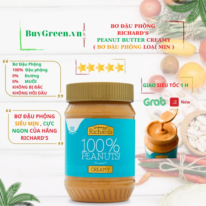 ✅KHÔNG ĐƯỜNG✅ BƠ ĐẬU PHỘNG PEANUT BUTTER CREAMY( MỊN ) CAO CẤP RICHARD'S 100% đậu phộng