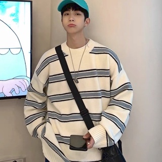 Áo len bằng vải dệt kim tay dài cổ tròn dáng rộng họa tiết kẻ sọc kiểu Hàn Quốc thời trang mùa thu cho nam