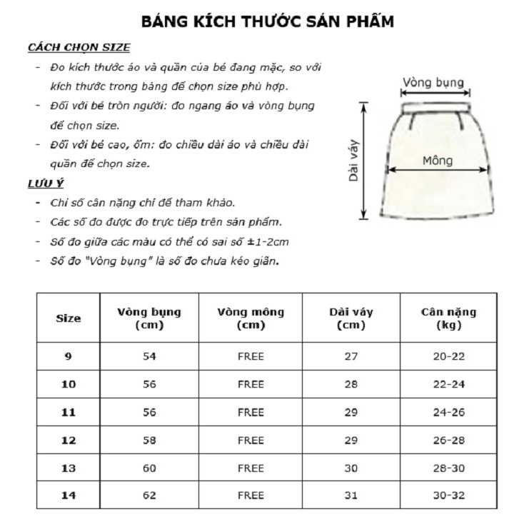 Chân váy xếp ly có quần bên trong cho bé gái từ 20kg đến 32kg
