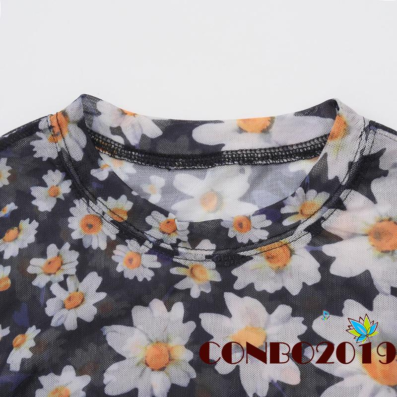 Đầm Lưới Tay Ngắn Cổ Tròn In Họa Tiết Hoa Cúc Xinh Xắn Thời Trang Cho Nữ