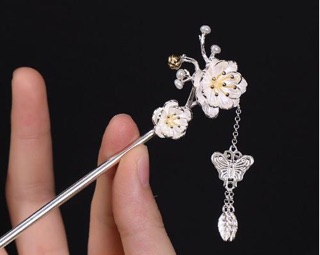 Trâm cài tóc hoa đào, bằng bạc 925