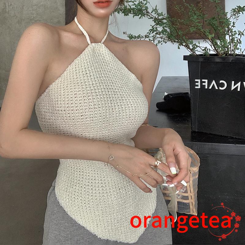 Áo Croptop Dệt Kim Không Tay Hở Lưng Màu Sắc Trơn Cho Nữ