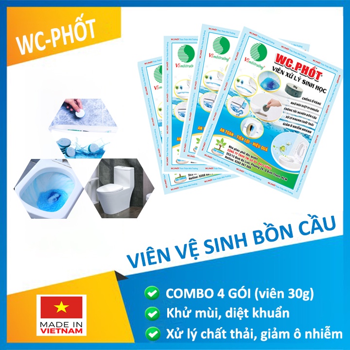 Viên nén sinh học, vi sinh vệ sinh, khử mùi toilet, tẩy rửa thả bồn cầu, xử lý chất thải - Combo 4 gói 30g, sản xuất VN