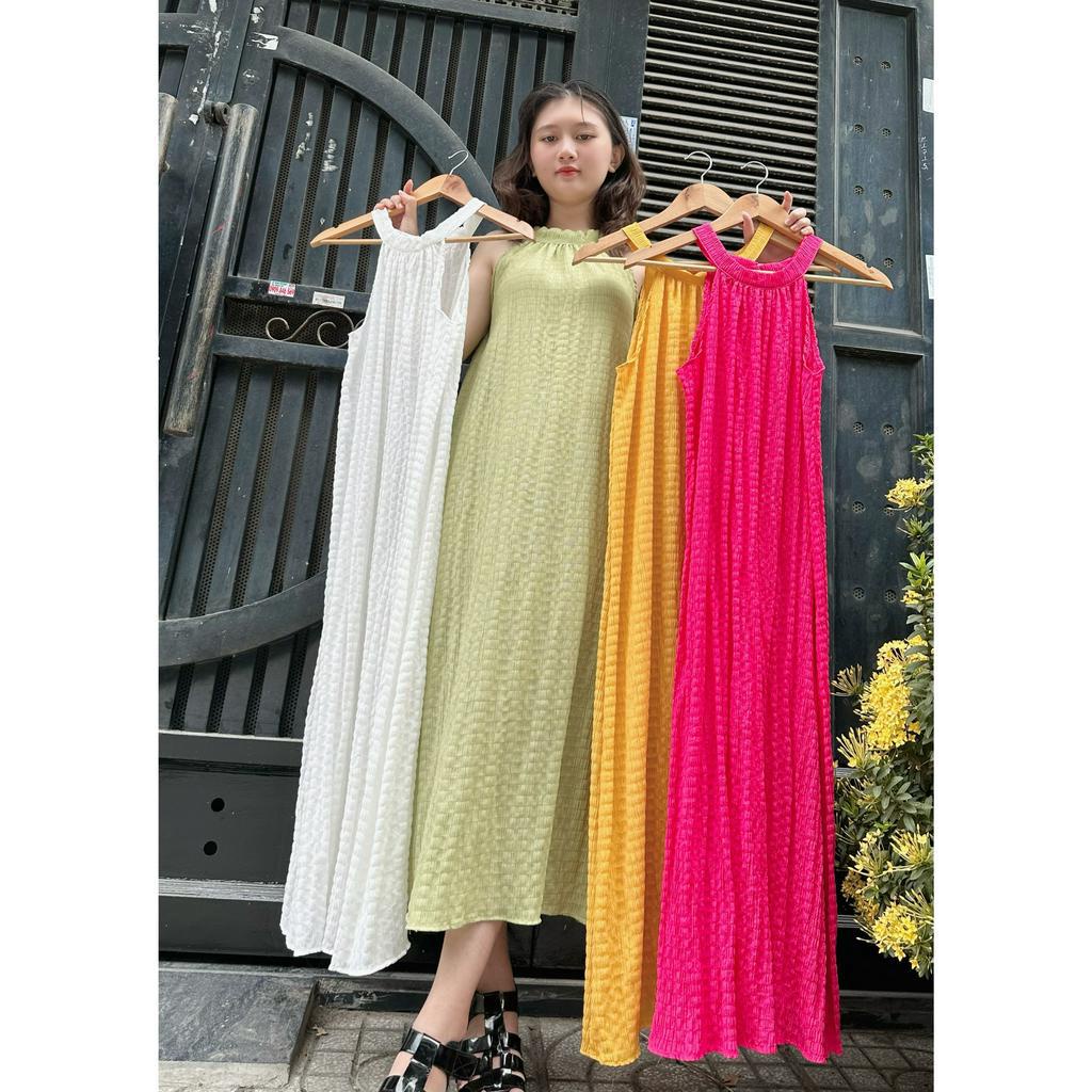 Đầm đũi xốp cổ yếm xinh xắn dáng xuông xoè mặc thoải mái  + Váy dự tiệc đẹp màu xanh bơ, vàng, hồng, hồng tím g5.shop