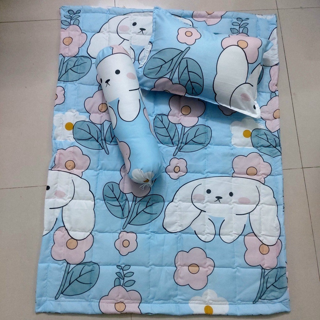 (Bán chạy số 1) ✈ Full SET Chăn Gối Cho Bé Mầm Non 5 món  Mền đắp được trần bông mẫu Thỏ và hoa, sẵn ruột gối trẻ em