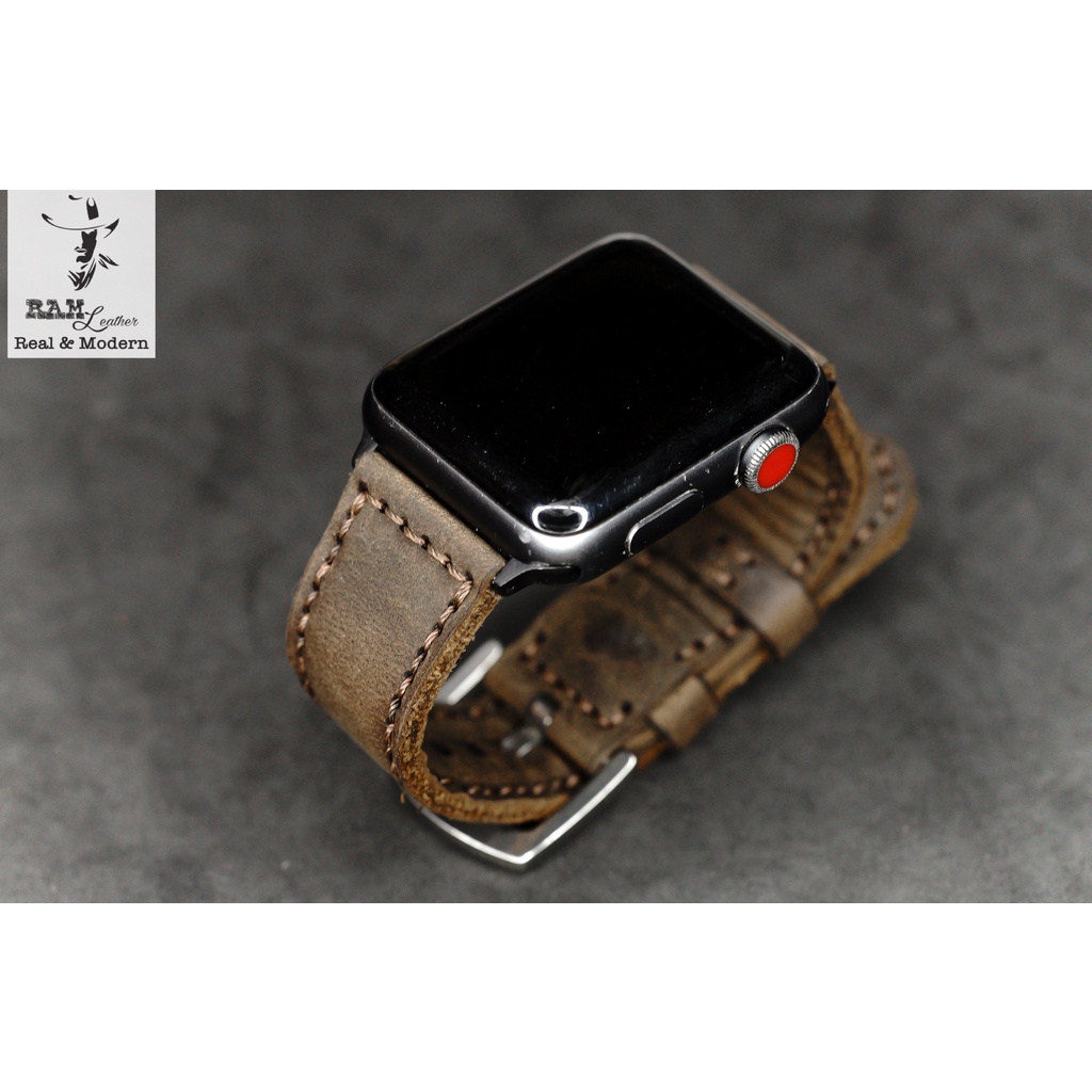 Dây apple watch da bò thật nâu đất handmade bền chắc cực đẹp RAM Leather bauhaus 1950 - tặng khóa chốt và adapter