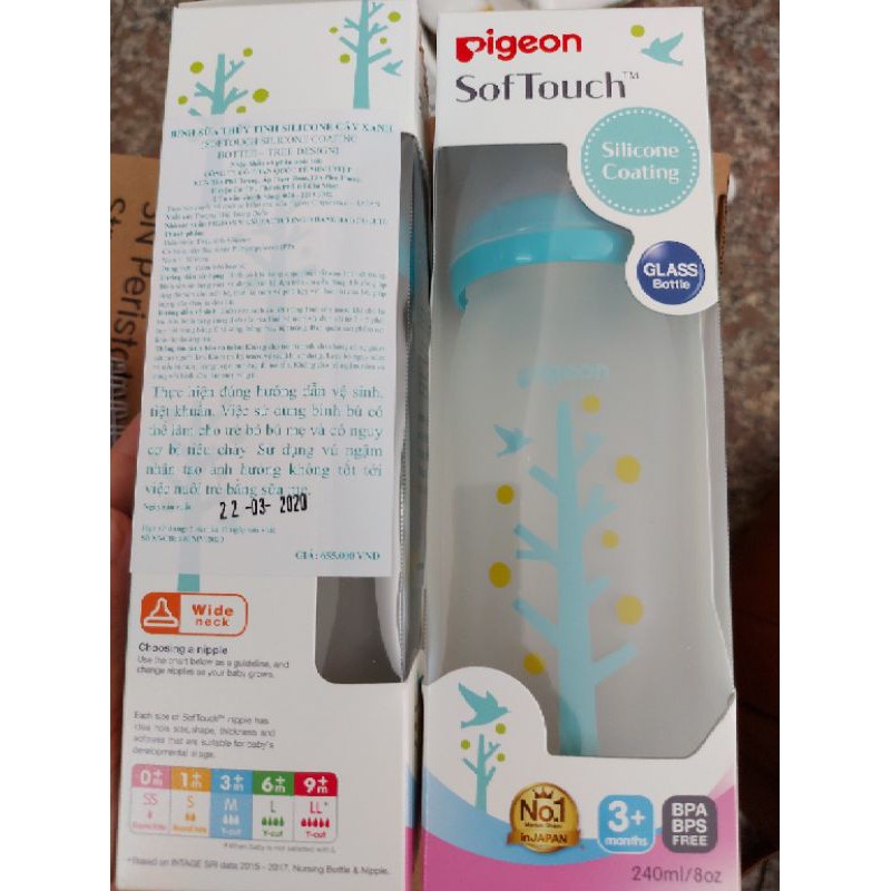 Bình sữa thủy tinh cổ rộng silicone _ cây xanh Pigeon 240ml