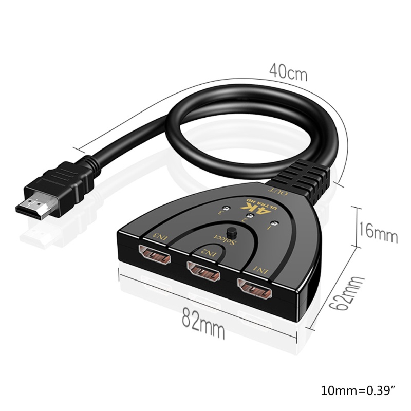 Công tắc 3x1 HDMI hỗ trợ 4K HD 3D với cáp tốc độ cao màu đen