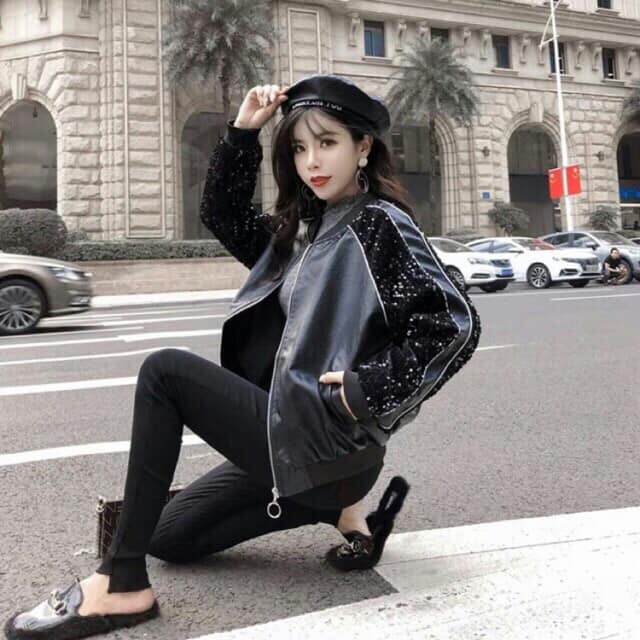 Áo khoác da phối kim tuyến kèm ảnh thật