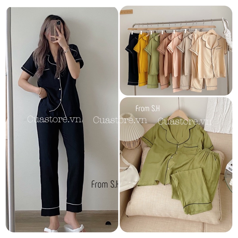 Sét bộ ngủ pyjama chất đũi xươc  trơn cổ vest