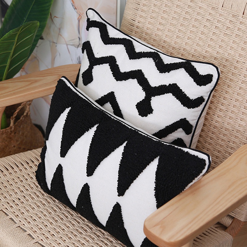 Xiangbao Vỏ Gối Dệt Tufted Hình Học Kẻ Sọc Caro Phong Cách Morocco Boho Màu Trắng Đen Co