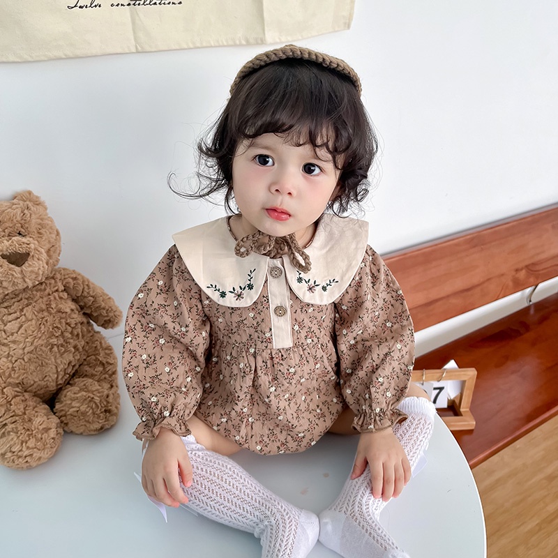 Áo Liền Quần Tam Giác Tay Dài Cổ Búp Bê Thêu Hoa Phong Cách Phương Tây Thời Trang Xuân Thu Cho Bé Gái