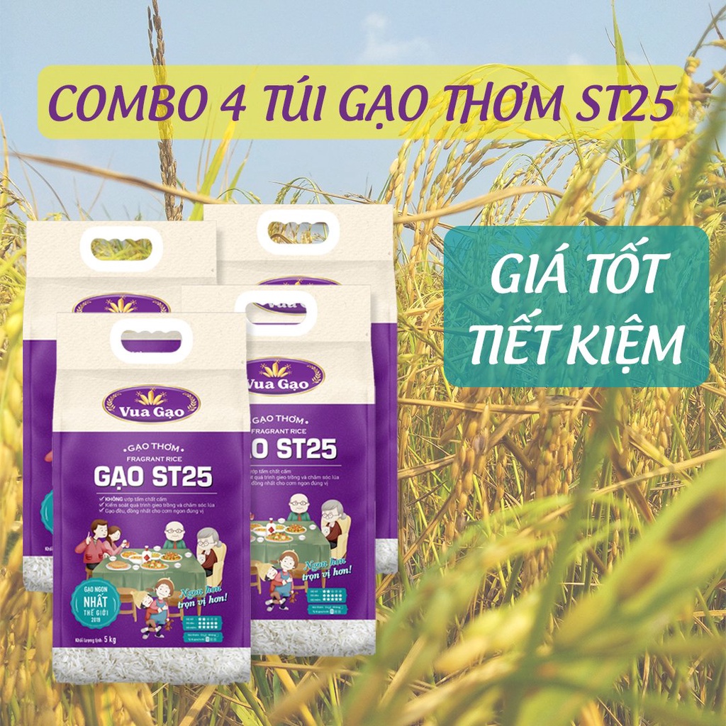 [MUA 3 TẶNG 25K] Combo 4 Túi Gạo ST25 5kg – Chính Hãng Vua Gạo – Gạo Thơm Ngon, Dẻo Nhiều, Vị Đậm Đà – Top 1 TG 2019