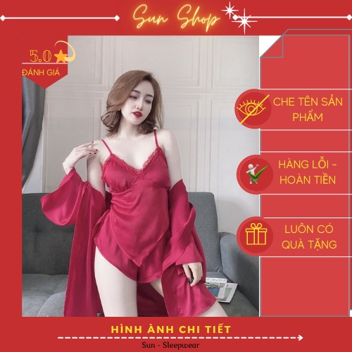 Đồ Bộ Ngủ Combo 3 Món 💖𝐒𝐀𝐍𝐆 𝐂𝐇𝐀̉𝐍𝐇💖 Đùi Yếm Có Áo Choàng Mẫu Lạ Siêu Đẹp, Chất Satin Cao Cấp - Size < 62kg -