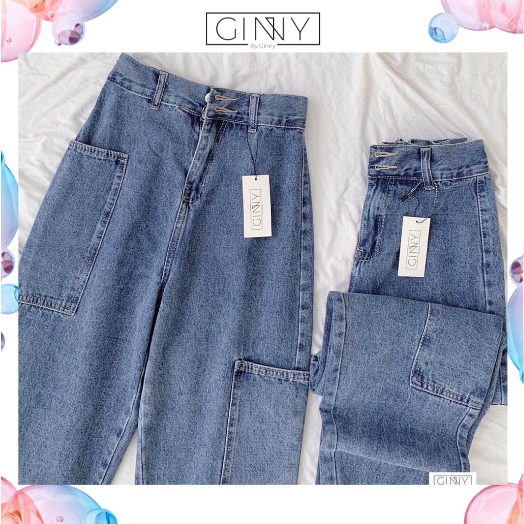 Quần Baggy Nữ Jean Hack Chân KHA-017 | 9 Tấc Cạp Cao | Vải Jean Wash Xịn | GINNY.VN