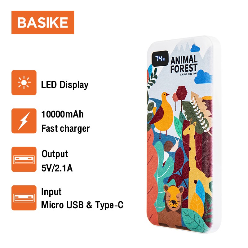 Sạc Dự Phòng Basike 10000Mah In Họa Tiết Động Vật Dễ Thương Có Màn Hình Led Kèm Cáp Sạc Tiện Lợi