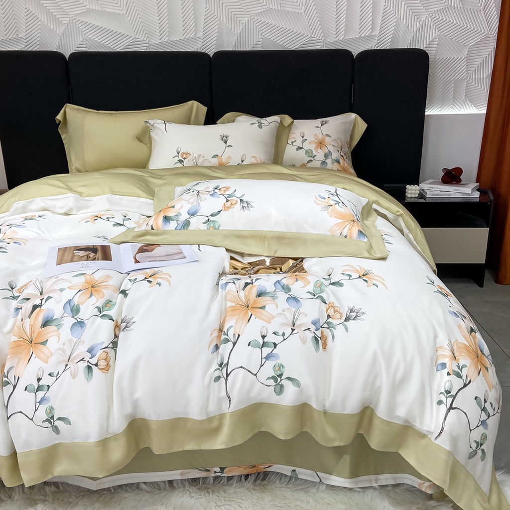 Bộ chăn ga gối cao cấp 100%Tencel 80s, Họa tiết Hoa ly in kỹ thuật số, Chất liệu siêu mềm mát mịn
