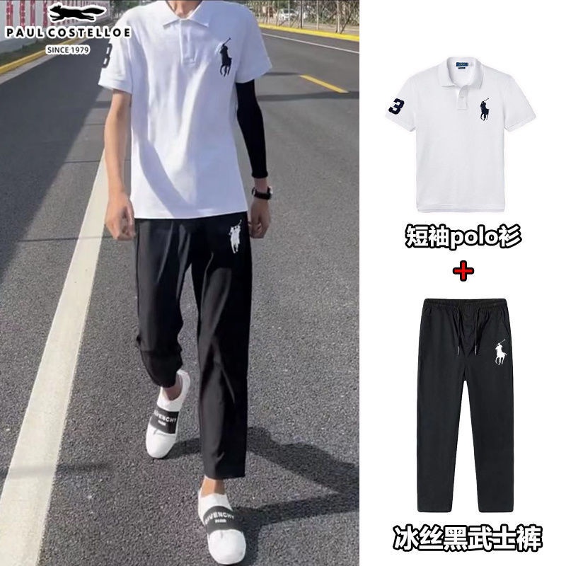 Bộ Áo Thun polo Phối Quần Lụa Lạnh Màu Đen In logo Ngựa Cá Tính Cho Nam