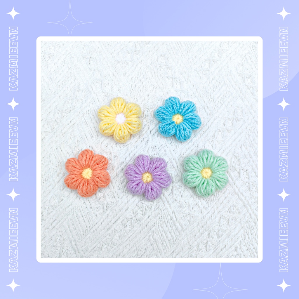 Hoa len trang trí, pin/ghim cài áo, balo handmade hoa 6 cánh