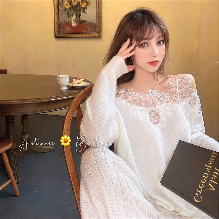 Áo trễ vai tiểu thư mùa thu bông viền ren hoa hàng Quảng Châu