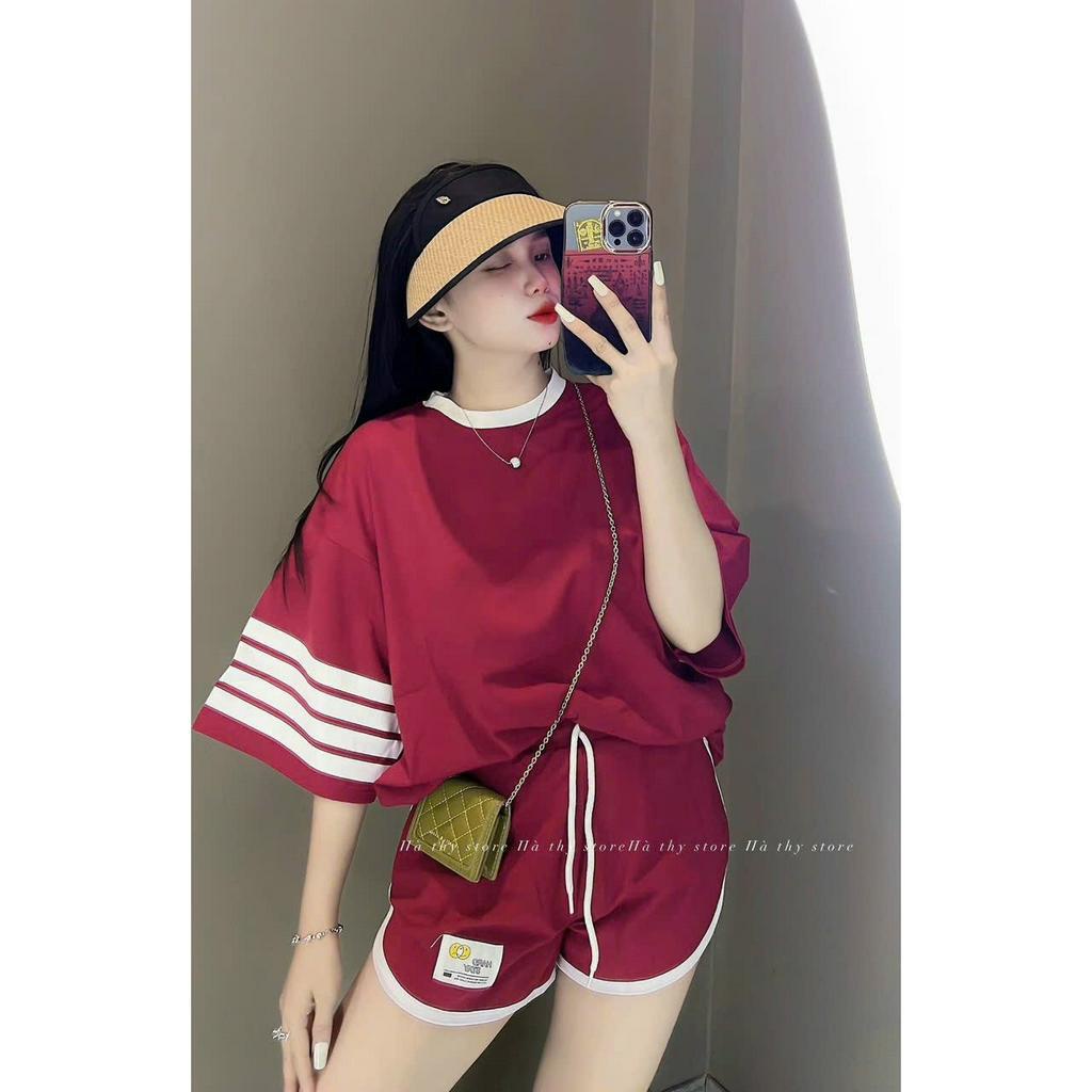 Sét bộ đồ nữ áo cổ tròn họa tiết tay kẻ ngang xinh xắn mix quần đùi duyên dáng cá tính đi chơi