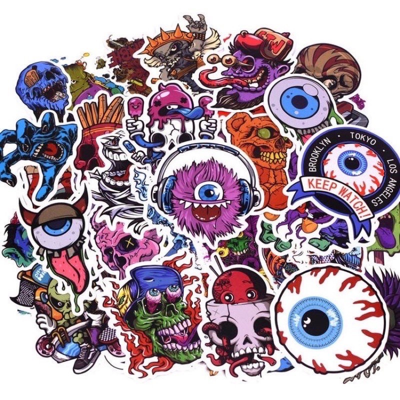 100 STICKER SKULL ĐẦU SỌ CÁ TÍNH DÁN TRANG TRÍ ĐIỆN THOẠI LAPTOP VALI MŨ BẢO HIỂM XE MÁY TỦ KỆ,...