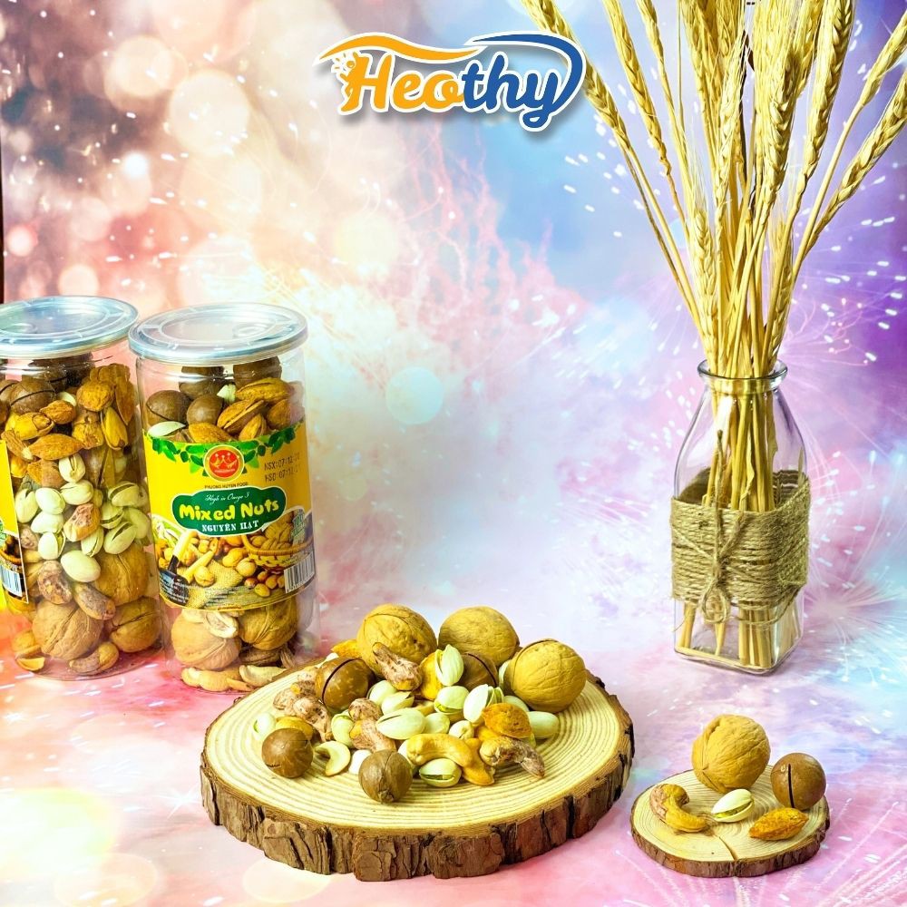 Hạt dinh dưỡng mix 5 loại hạt dẻ cười, hạnh nhân, macca, óc chó, hạt điều 450g Heothy Food, đồ ăn vặt Việt Nam