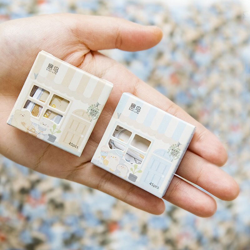 Hộp 45 miếng sticker dễ thương độc đáo thiết kế hộp đựng kiểu dáng ngôi nhà dùng trong trường học