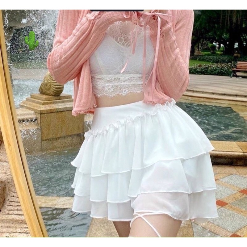 Chân váy ulzzang tầng voan kèm dây quấn pc