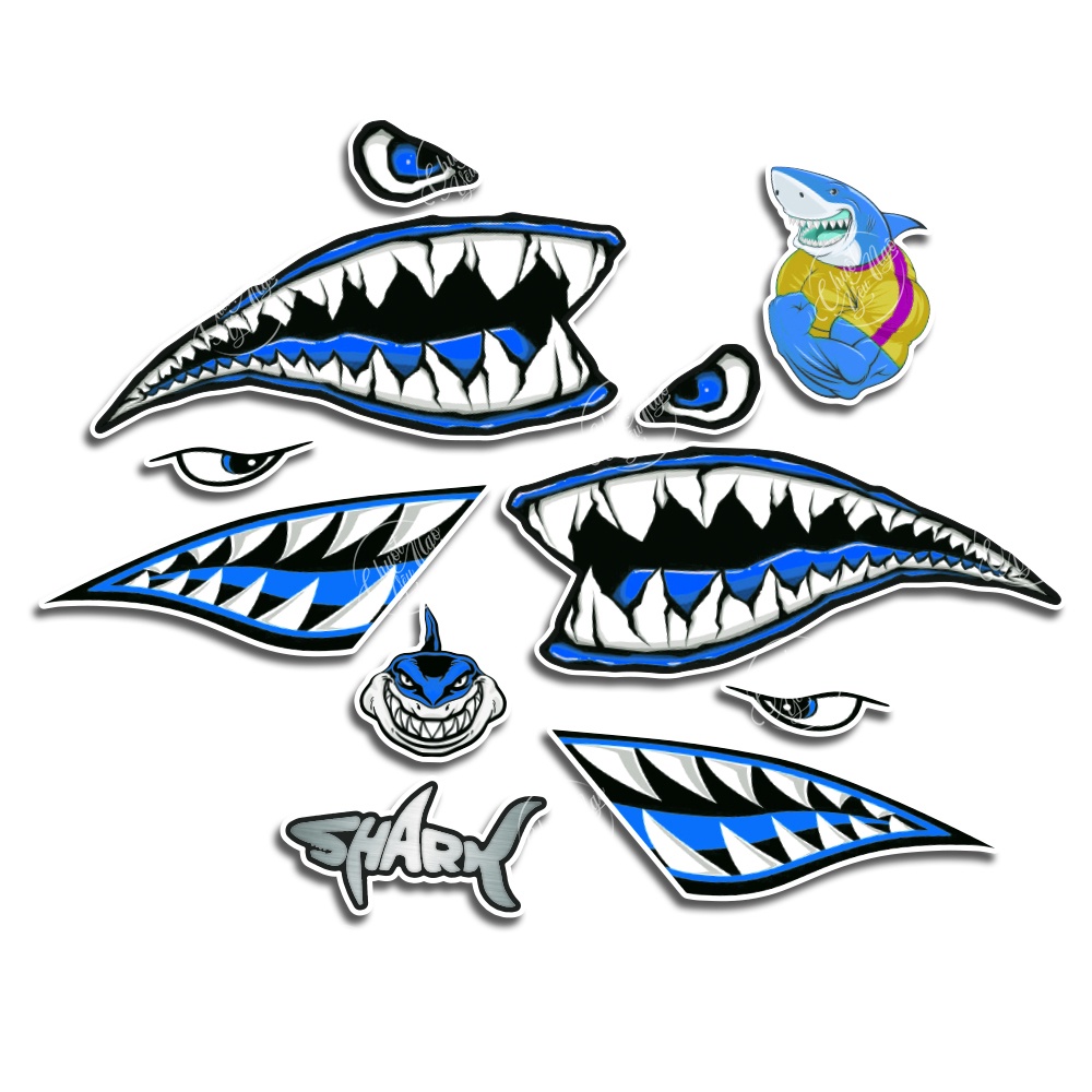 Bộ tem cá mập màu xanh dương hình dán decal nhám chống nước trang trí xe máy laptop nón bảo hiểm