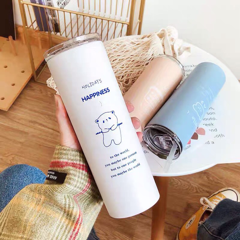 Cốc/Ly giữ nhiệt inox kèm ống hút họa tiết dễ thương 600ml Chia.er