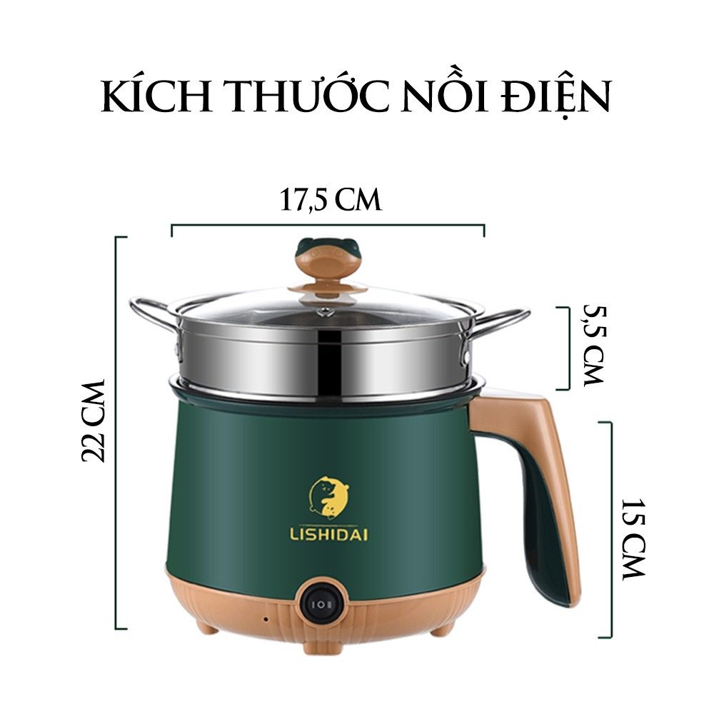 Nồi Lẩu Điện Mini Chống Dính LISHIDAI 18cm Kèm Giá Hấp Inox, Ca Nấu Mì Và Ăn Lẩu Cho 2 Người