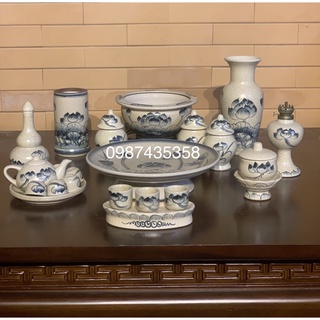 Set đồ thờ men rạn vẽ sen gốm sứ Bát Tràng