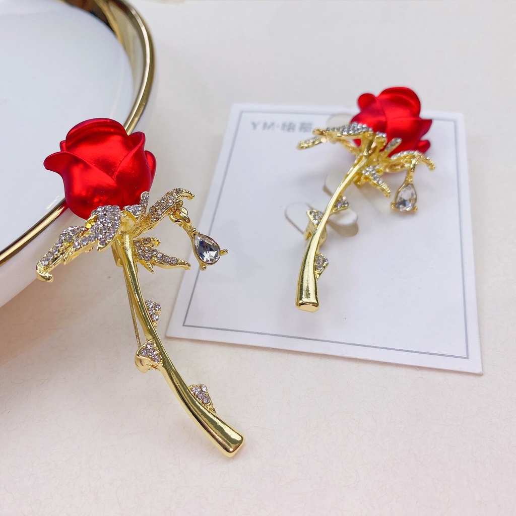 Ghim Cài Áo Hình Hoa Hồng Đỏ Đính Đá Sang Trọng