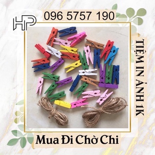 Set 10 Kẹp gỗ treo ảnh nhiều màu 3.5cm kèm dây treo