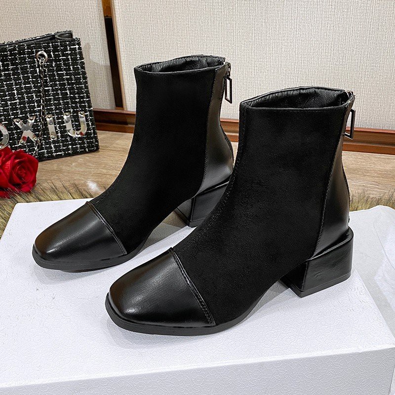 [Mã FAGREEN1505 giảm 10% tối đa 30k đơn từ 99k] 1G11 Giày Boots bốt nữ cao gót da phối thun K04 boot