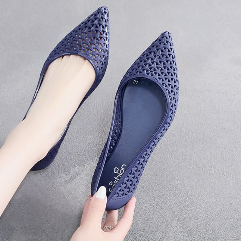 SIÊU GIẢM GIÁ Giày búp bê nữ đi mưa,nhựa dẻo mủi nhọn sang trọng,hoa văn đang chéo -307