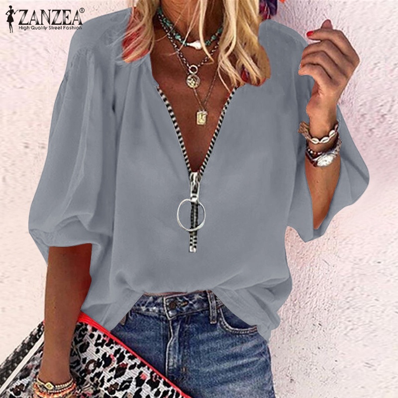 Zanzea Áo Nữ Tay Dài Cổ Chữ V Có Khóa Kéo Phong Cách Châu Âu