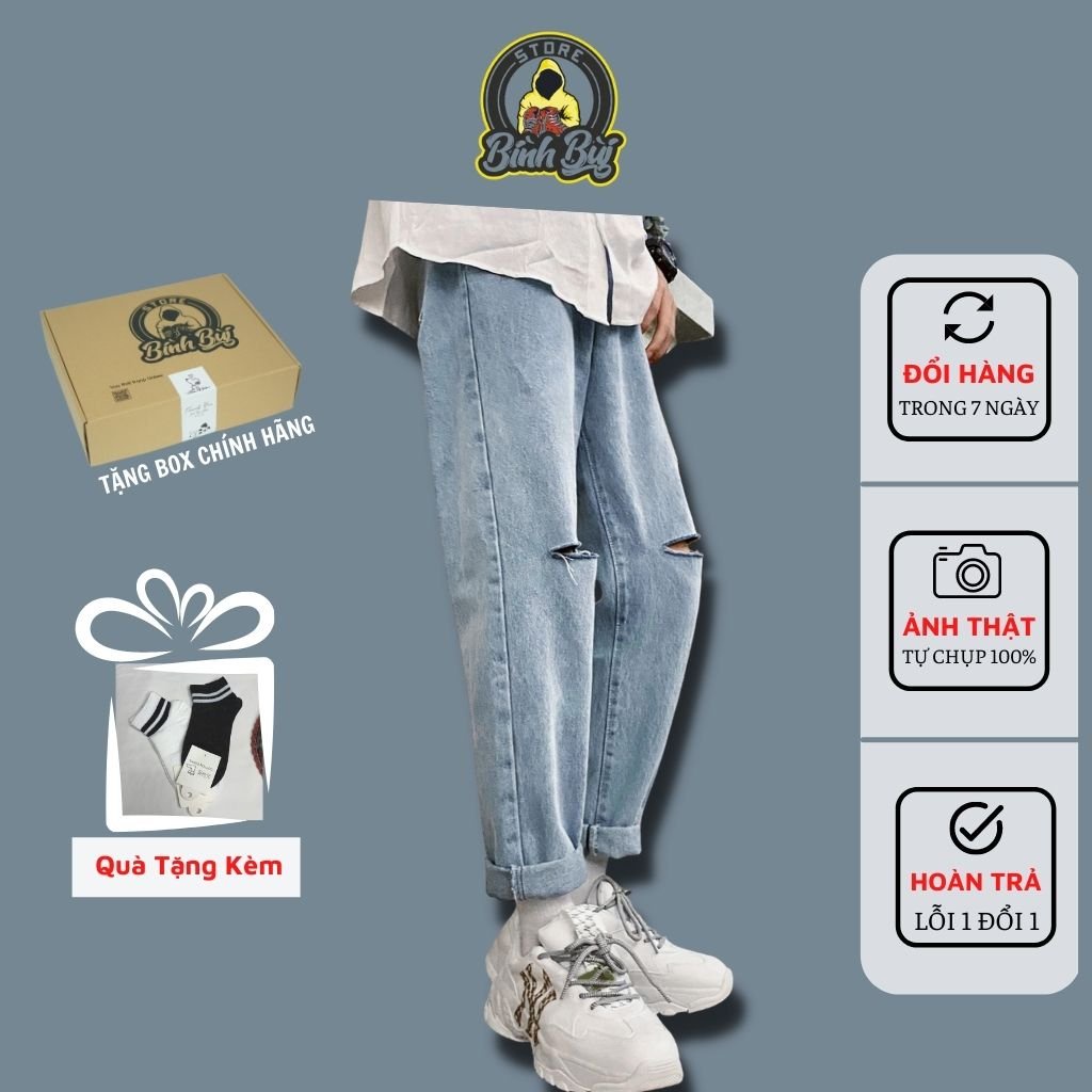 Quần Jean Nam Rách Gối Ống Côn Baggy Dáng Đứng Phong Cách Ulzzang Hàn Quốc | BigBuy360 - bigbuy360.vn