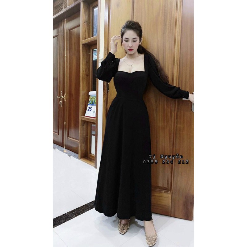 Đầm maxi cổ vuông tay dài đi tiệc đi du lịch sống ảo chuẩn luôn ạ 🤗🤗