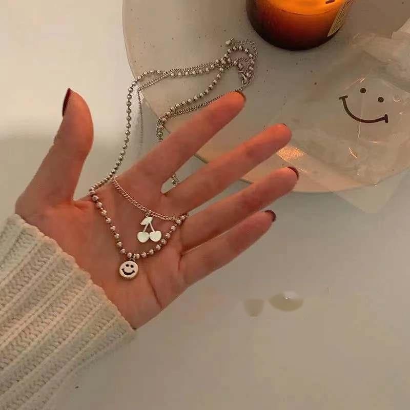 Vòng cổ Hai Lớp Mặt Hình Trái Cherry Mặt Cười Thời Trang Hip Hop