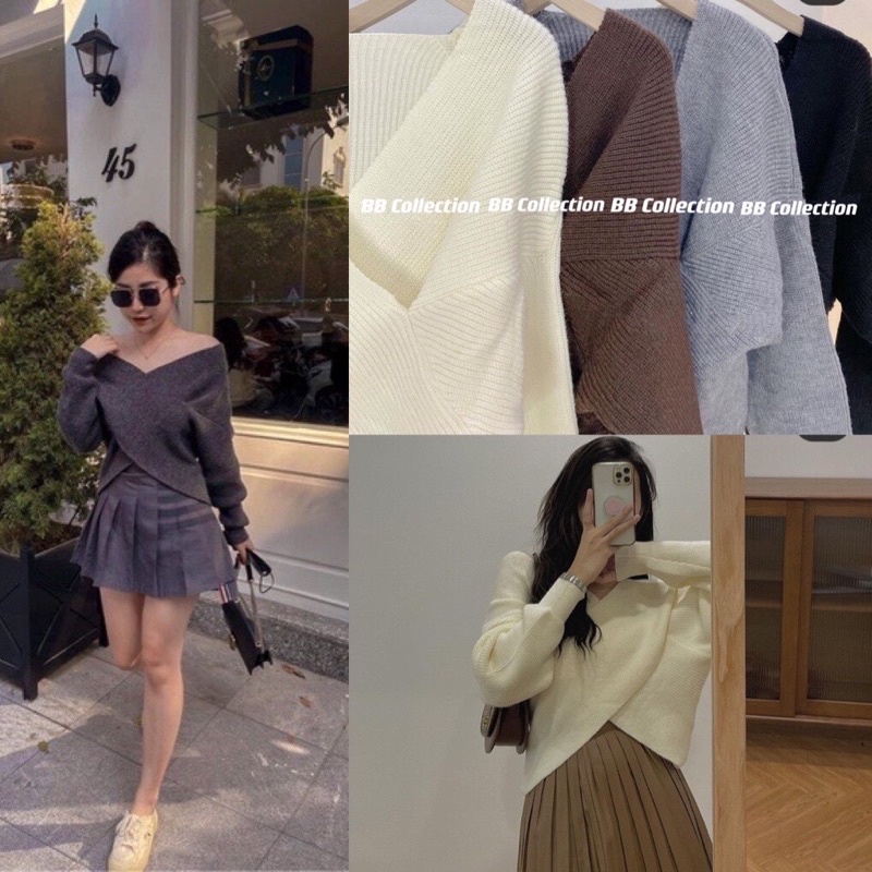 Áo len dài tay trễ vai vạt chéo hàng Quảng Châu sang chảnh